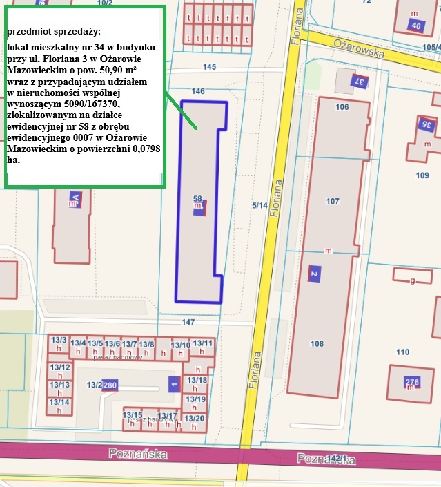 Pierwszy przetarg ustny nieograniczony na sprzedaż mieszkania nr 34 w budynku przy ul. Floriana 3 w Ożarowie Mazowieckim