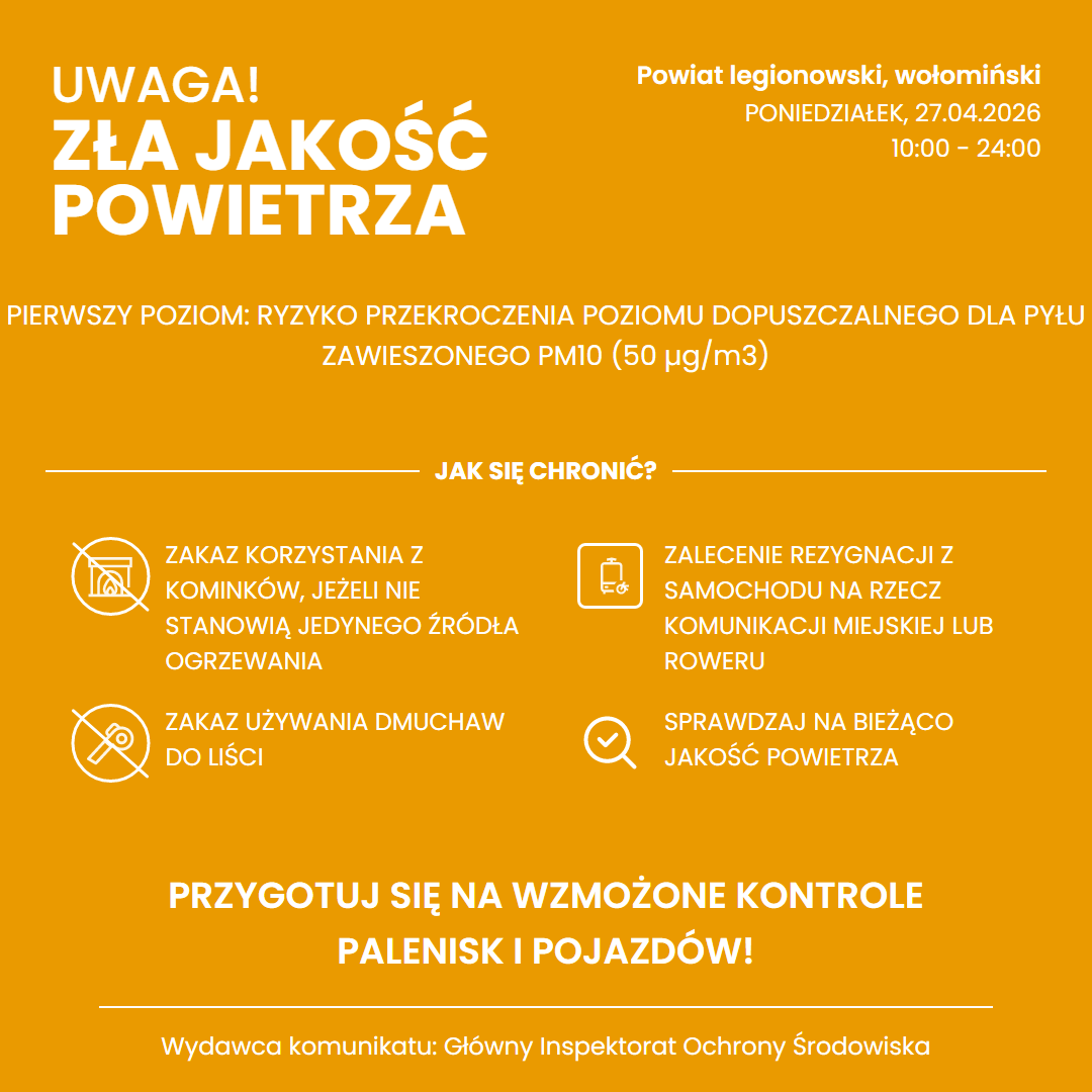 Powiadomienie o ryzyku przekroczenia średniodobowego poziomu dopuszczalnego dla poziomu pyłu zawieszonego PM10 w powietrzu