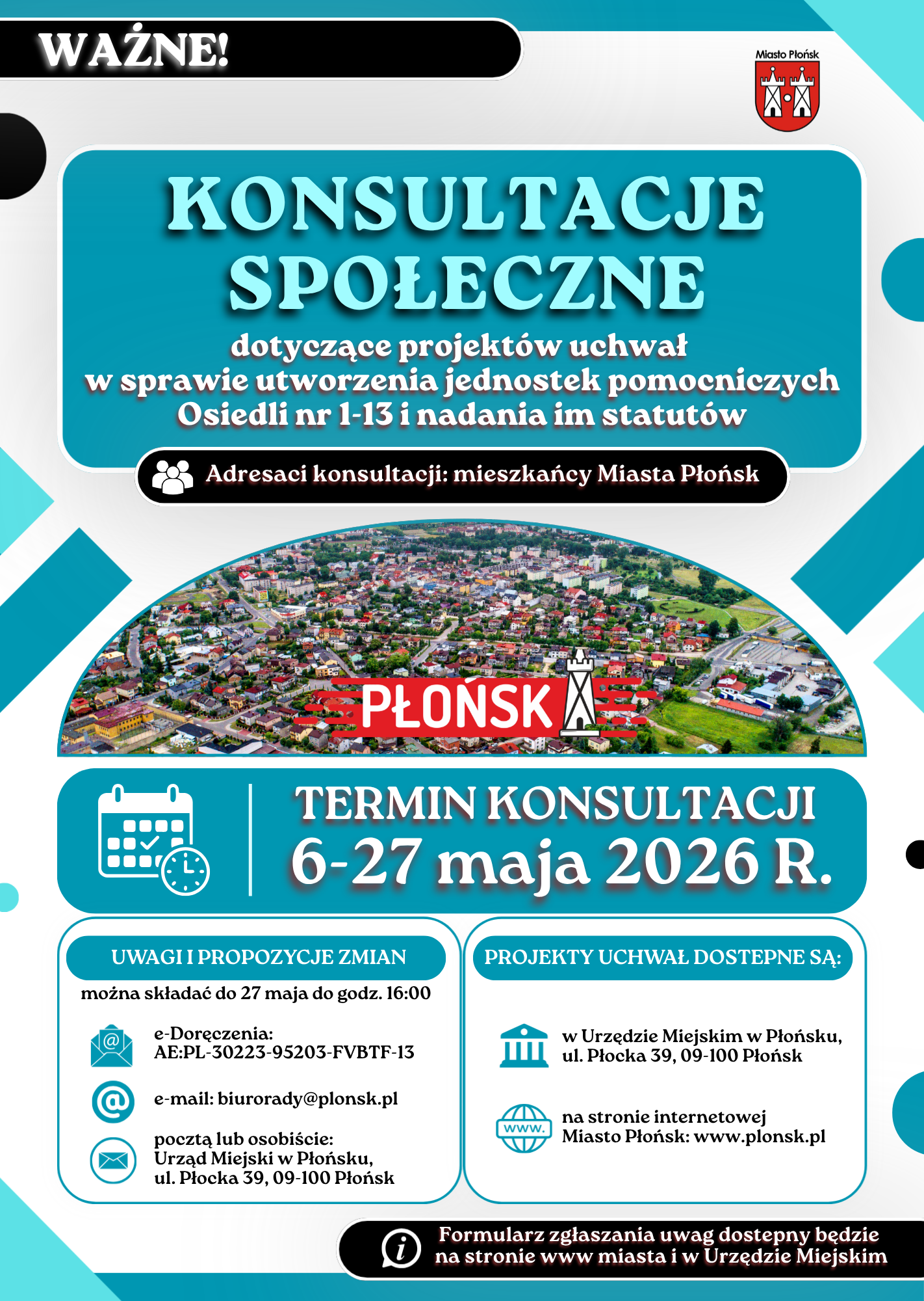Konsultacje społeczne w sprawie projektów uchwał dotyczących utworzenia jednostek pomocniczych Osiedli nr 1-13 i nadania im statutów