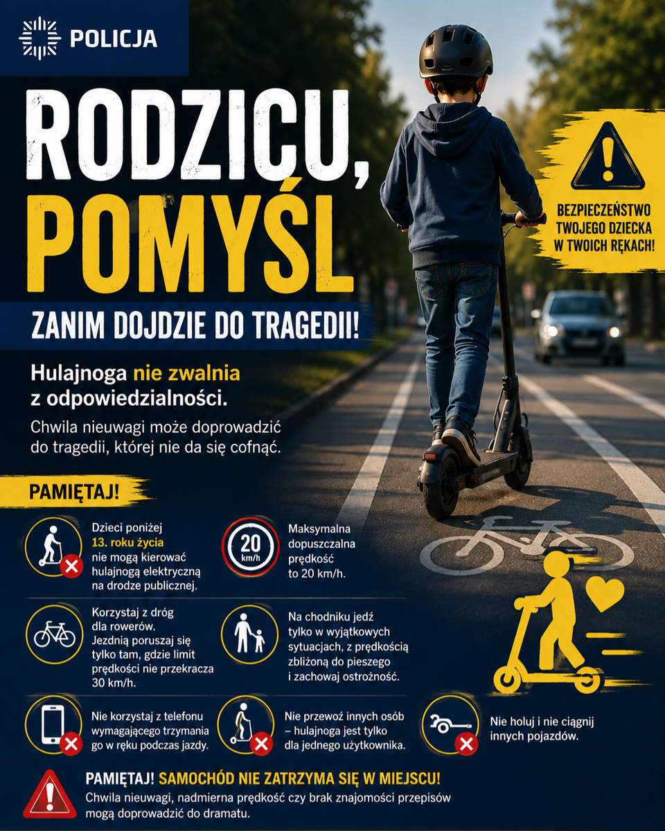 Rodzicu - zastanów się, zanim dojdzie do tragedii! Hulajnoga nie zwalnia z odpowiedzialności