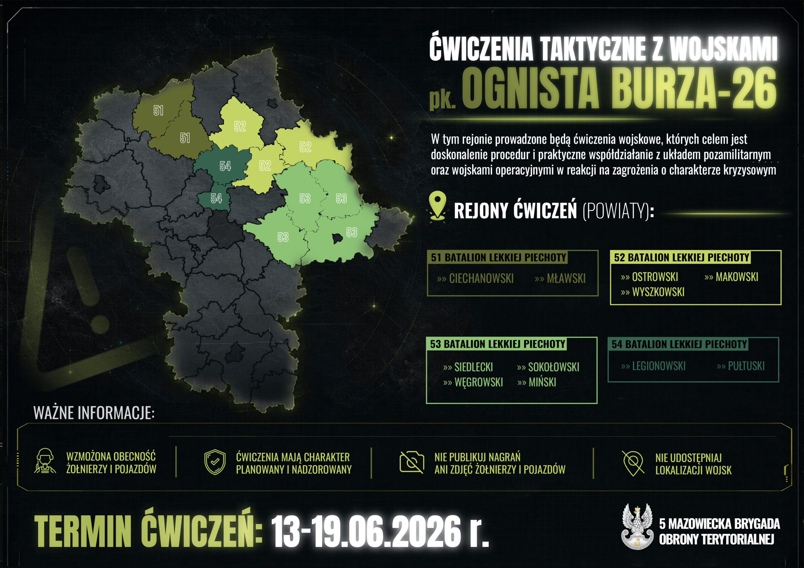 Ćwiczenia taktyczne „Ognista Burza–26" w dniach 13-19.06.26 r.